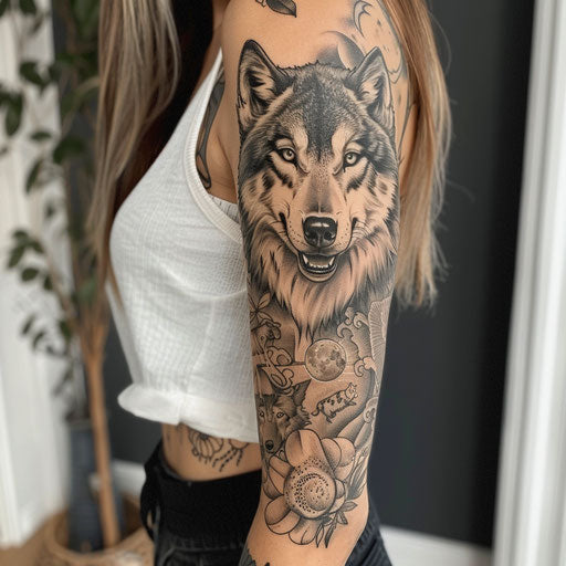 Realistic sleeve tattoos for women: wolves and moon