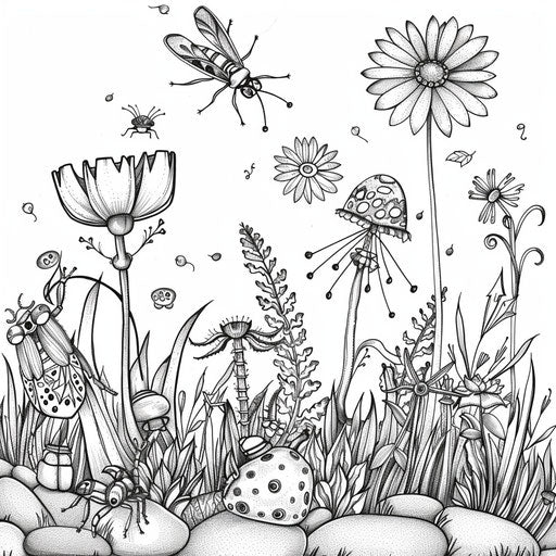 Whimsical scene of bugs playing soccer with a small pebble