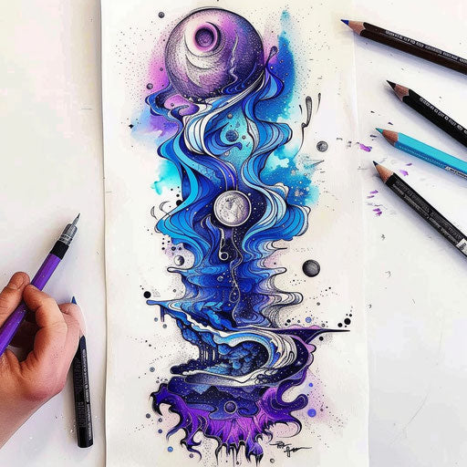 Surreal flat tattoo sketch blending cosmic and dreamlike elements in blue and purple