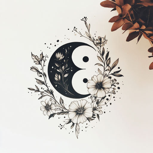 Cute couple tattoo design: yin-yang symbol with floral patterns