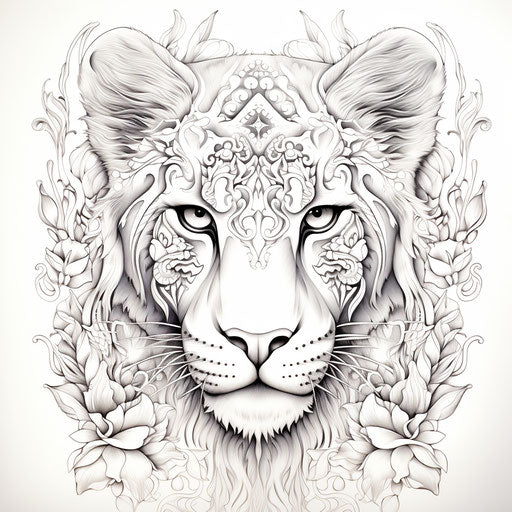 Intricate adult coloring page inspired by David Yarrow, Magali Villeneuve, tattoo, Sunil Das, animalier