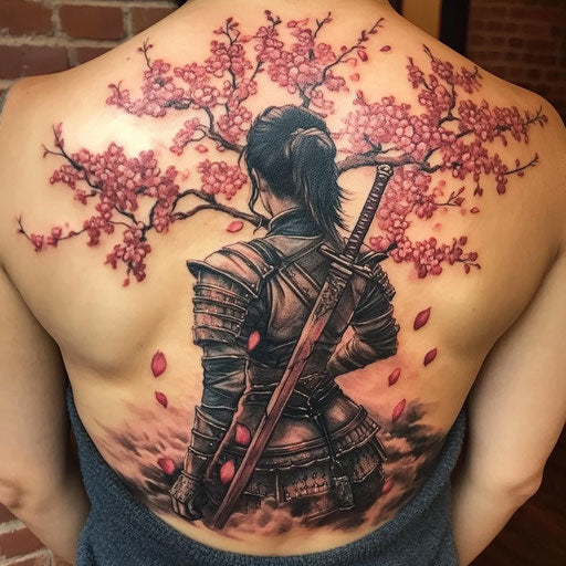 Cherry blossom tree tattoo in Glenn Fabry style with warrior goddess on back