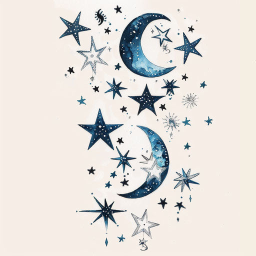 Celestial flat tattoo sketch for 13 tattoo featuring stars and moons in midnight blue and silver