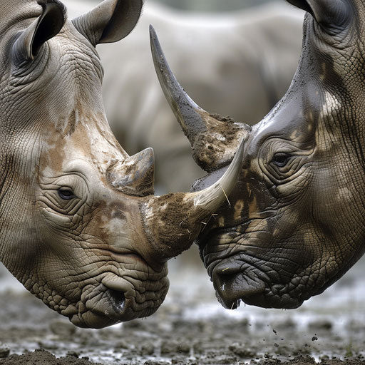 West African black rhinoceros facing off another animal