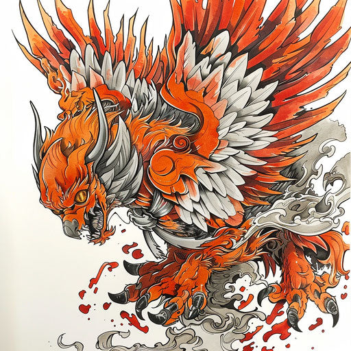 Oni with phoenix wings, mythological elements, fiery tones on white