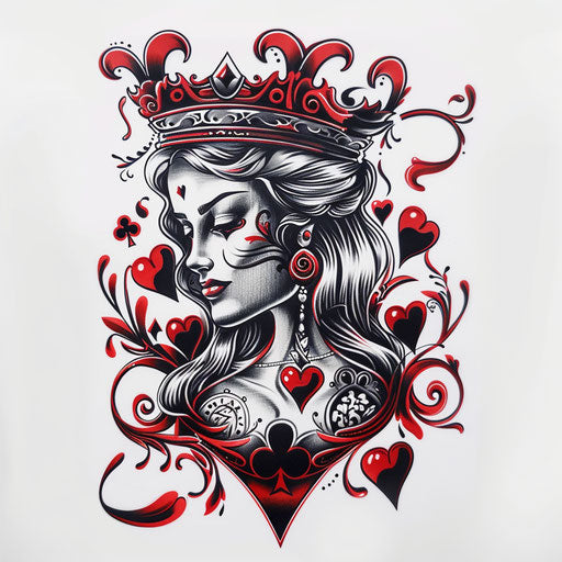Photorealistic drawing of a Queen of Hearts tattoo