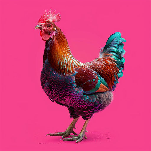 Chicken on bright magenta background in realistic clipart