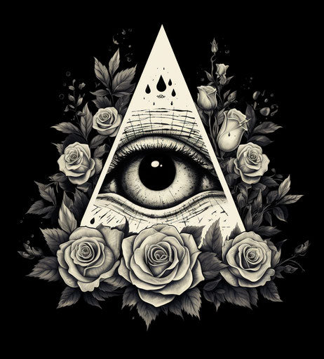 Black and white illustration of an eye with roses and a triangle, vintage occultism
