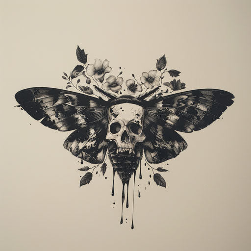 Surrealistic death moth tattoo artwork blending fantasy elements portrayed on a white canvas