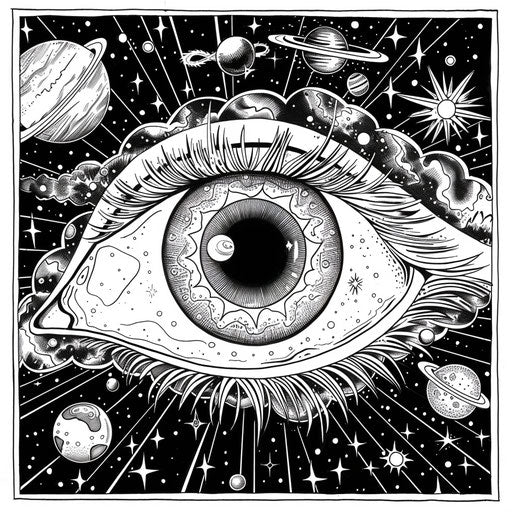 Cosmic eye with planetary and star patterns