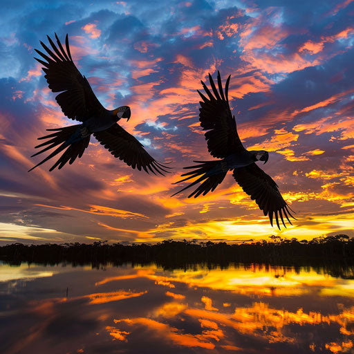 Flight of Spix's macaws under a fiery sunset