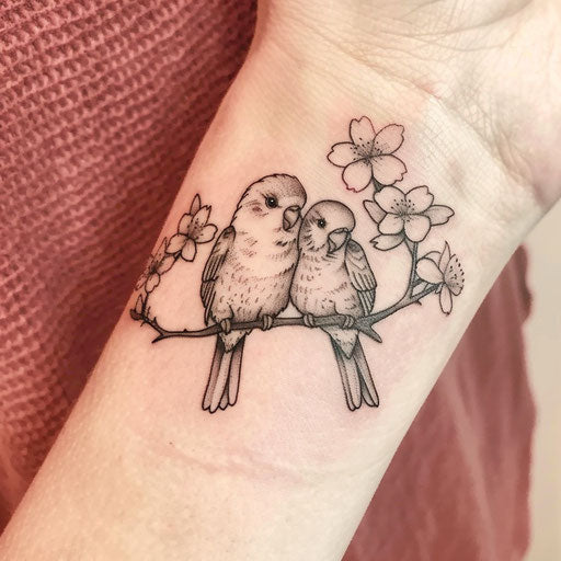 Tattoo sketch of a pair of lovebirds on a branch with cherry blossoms for wrist coverup tattoo for women