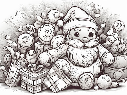 Christmas coloring page gingerbread man with candy and gifts, wrapped 4:3