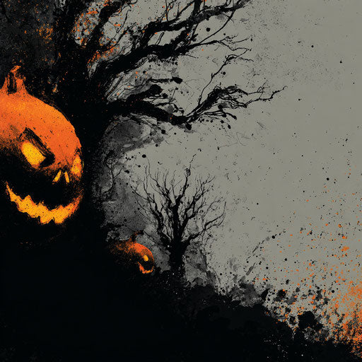 Eerie Jack-o'-lantern and a bare tree