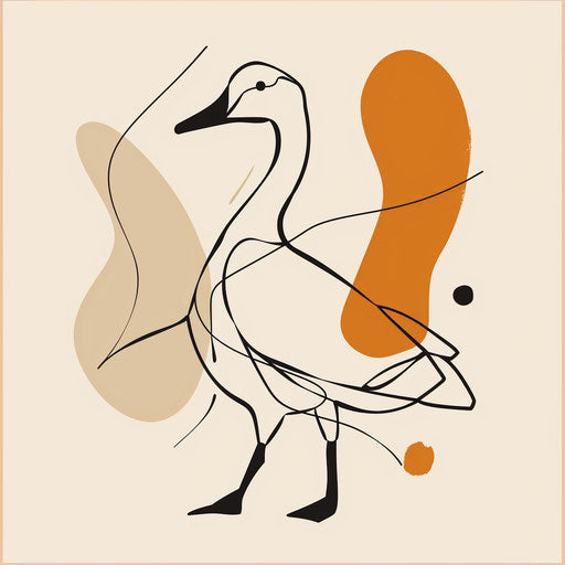 Flat tattoo sketch of a goose with a minimalist, single line drawing style and abstract background
