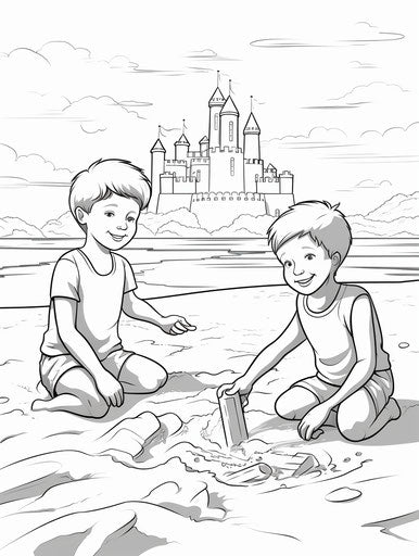 Children playing in sandbox and building sand castle, in style of артур скижали-вейс