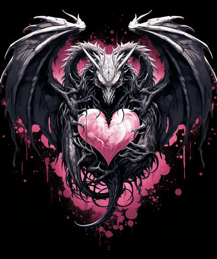 Pink heart and wings with dragon, deathcore style, romantic emotion