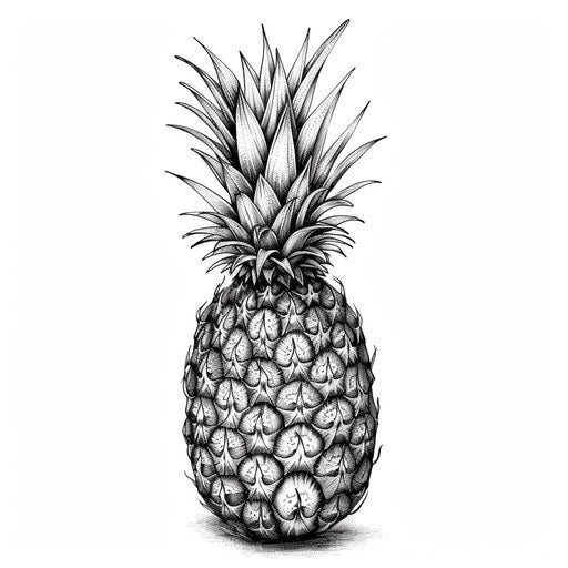 Hand-drawn sketch of a pineapple tattoo with fine lines and shading, clearly depicted on a plain white background.