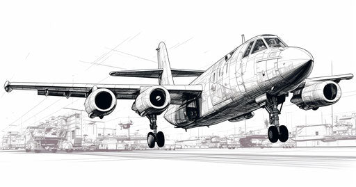 Drawing of a plane outline on white background, vector illustration