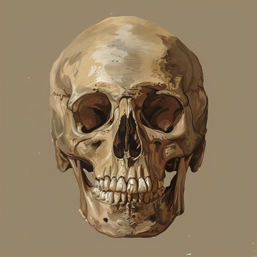 Human skull with teeth, light brown and brown style