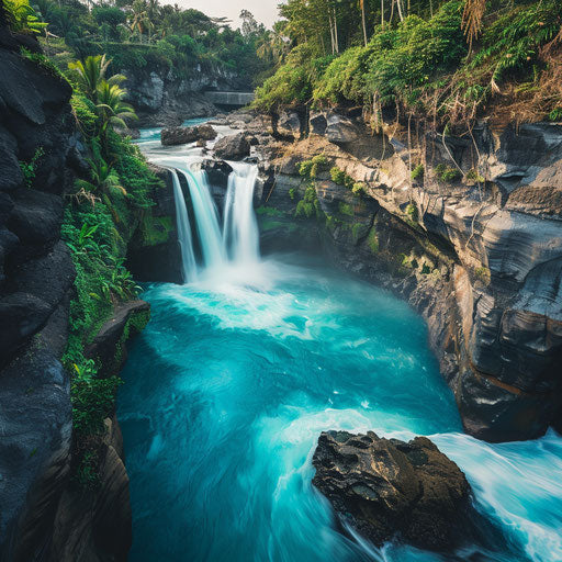 Tegenungan Waterfall with vibrant blue waters and dynamic cliffs