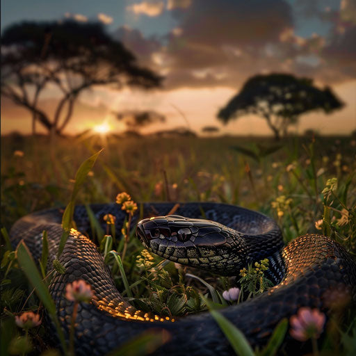 Black mamba snake in a lush grassland at dawn