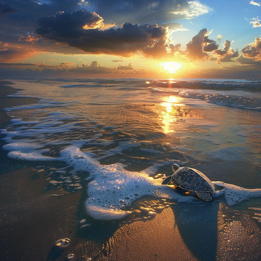 Turtle crossing a sandy beach to reach the sea under the watchful eye of a setting sun