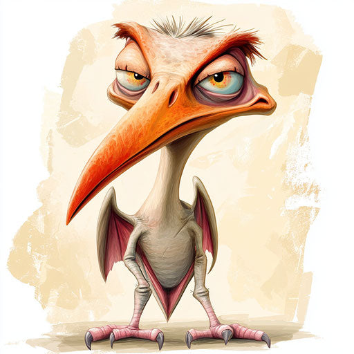 Humorous caricature of a pterodactyl with human characteristics