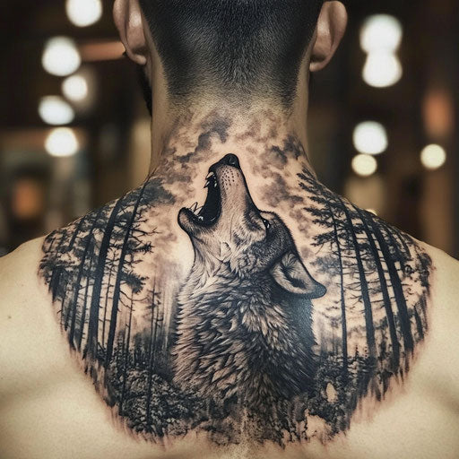 Back neck tattoo on a man in the style of Humberto Ramos featuring a fierce howling wolf