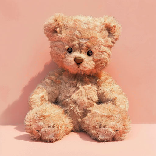 Realistic style teddy clipart on a flat, pastel peach background, highlighting subtle luminosity and precise features