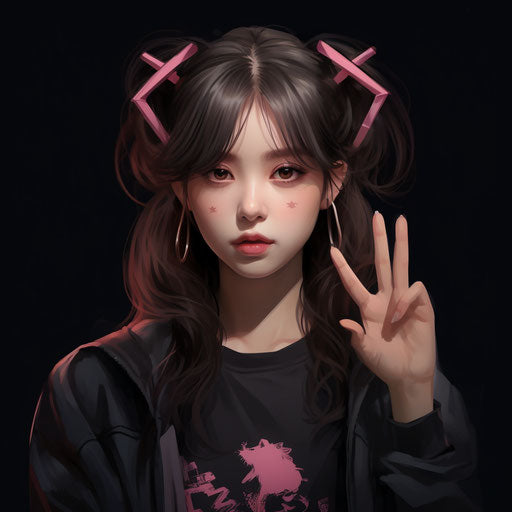 Girl holding peace sign, nightcore style, black background, lively, 32k uhd, dark brown and pink, Han dynasty, beautiful