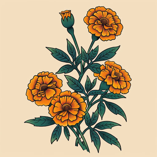 Stylized flat tattoo sketch of marigolds with exaggerated curves