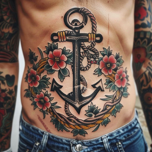 Men's stomach tattoos of an anchor and ropes