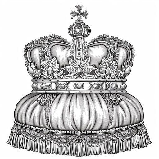 Royal crown on a cushion with detailed tassels and fabric textures