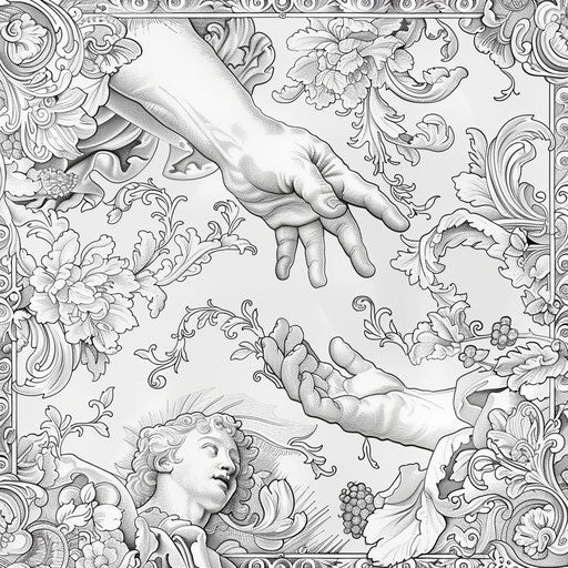 The Creation of Adam with intricate floral patterns in the style of Johanna Basford, Coloring book page