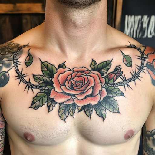 Chest piece tattoo of a rose with barbed wire