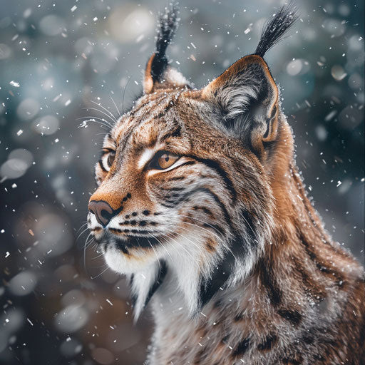 Lynx in light snowfall, adorned with snowflakes, magical touch