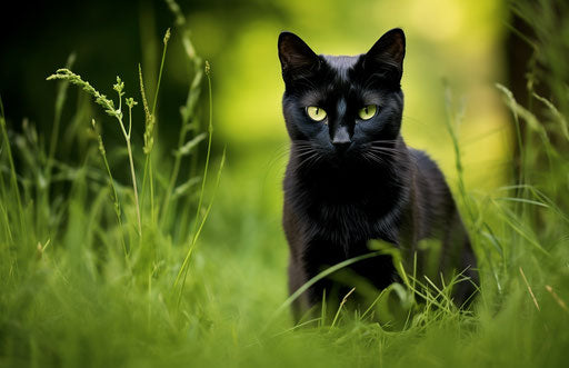 Black cat on green grass, explosive pigmentation style