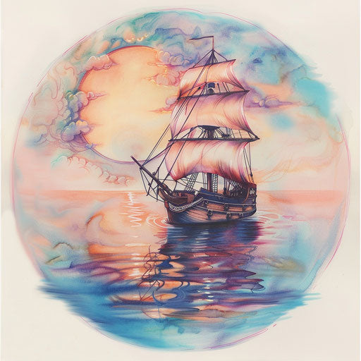 Serene sketch of a pirate ship on calm waters