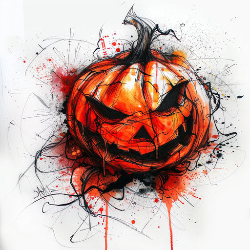 Edgy tattoo sketch of a pumpkin with graffiti splatters