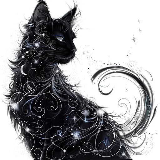 Black cat with gothic symbols and moons on white background