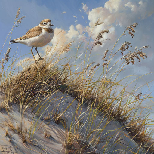 A western snowy plover observing its territory from a sand dune with sea oats swaying in the breeze