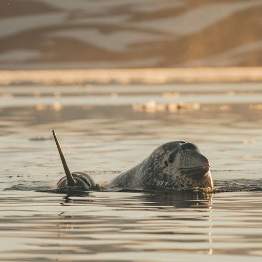 Mother narwhal and her calf in the soft light of an Arctic sunrise