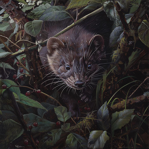 Wild mink maneuvering through dense brambles, determination in eyes