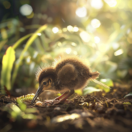 A kiwi bird chick pecking at the ground, in the style of Ashraful Arefin