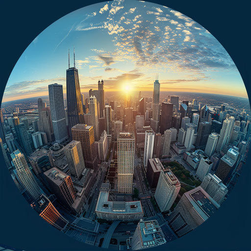 Panoramic view of a city's financial district at sunrise