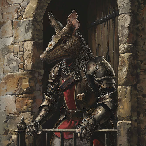 Medieval armadillo knight in armor, standing guard at castle gate