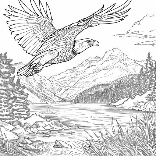 Eagle flying over a lake with mountains in the background