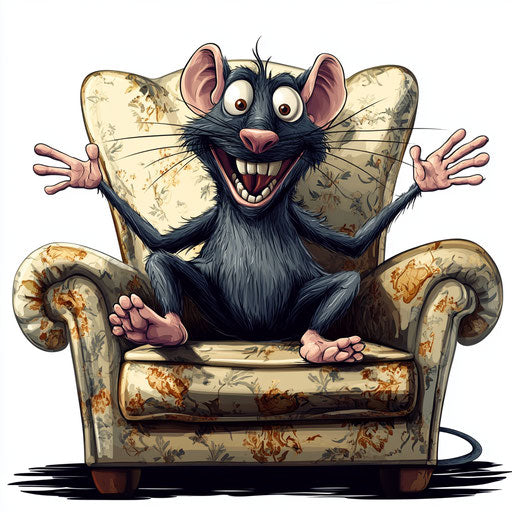 Humorous caricature of a rat with human characteristics, exaggerated teeth
