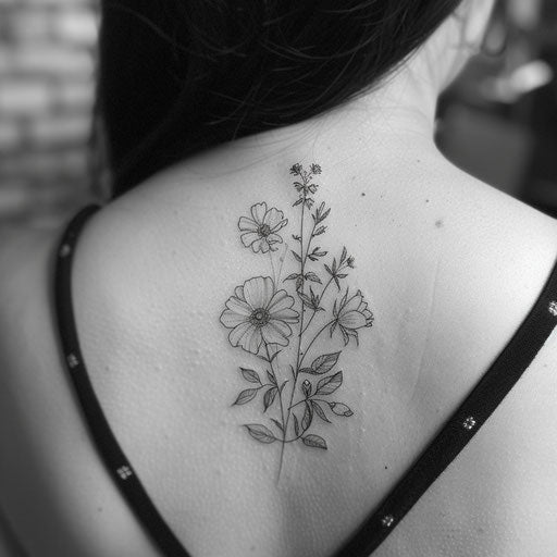 Zen garden floral tattoo, minimalist lines, calming vibe